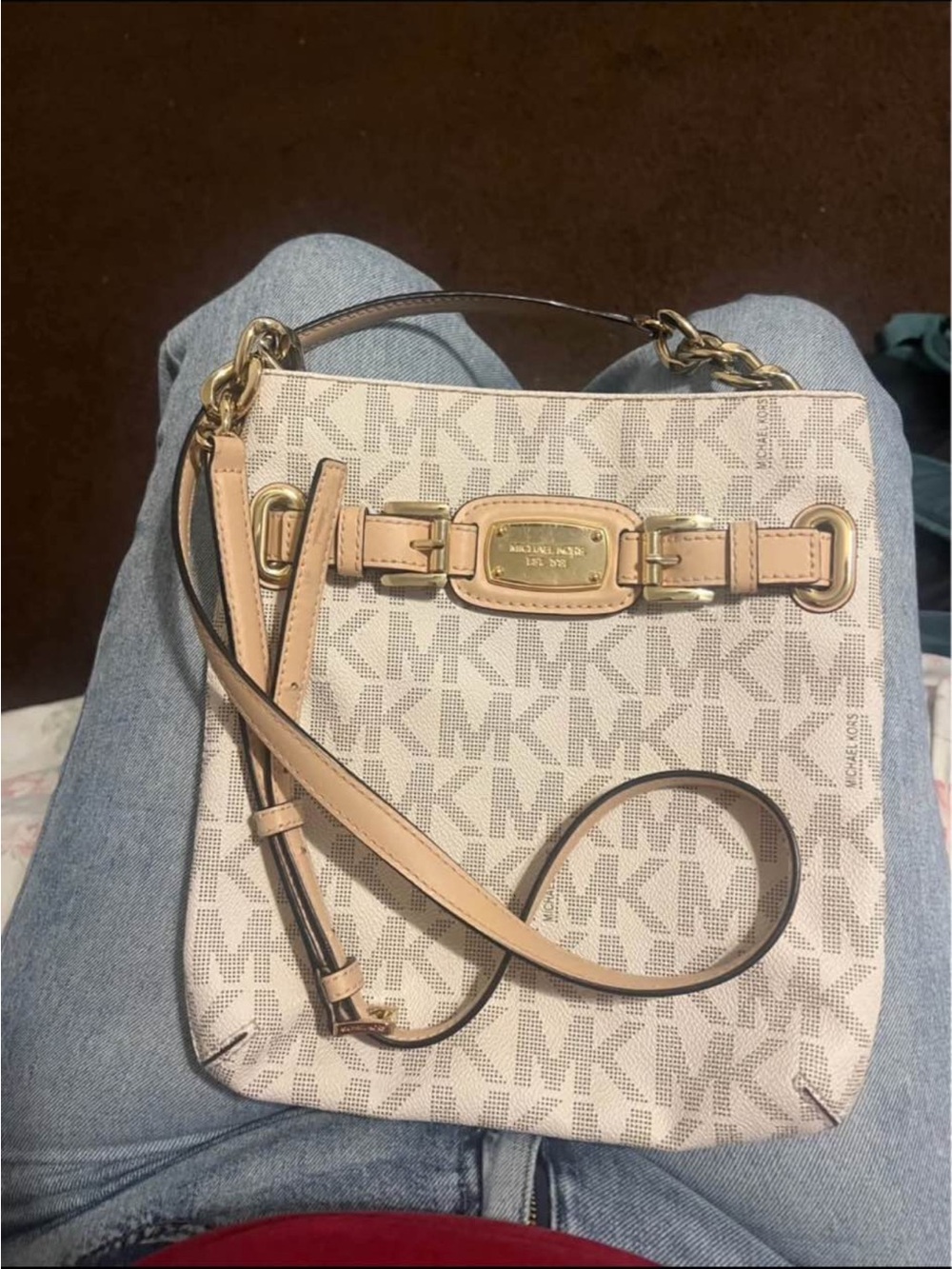 Michael Kors Beige Signature MK Crossbody with Acorn Trim